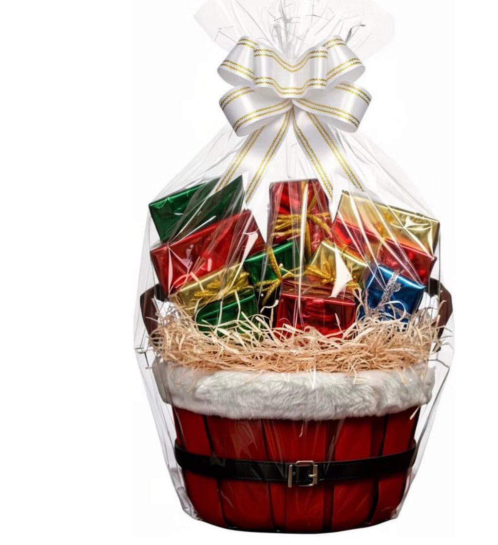 H-Line Christmas Hamper Basket Round Wicker Gift Hampers Santa Style Split Willow Basket with Faux Fur Edging Make Your Own Hamper Kit with Cellophane Wood Shred Bow Set for Christmas (Oval, Medium)