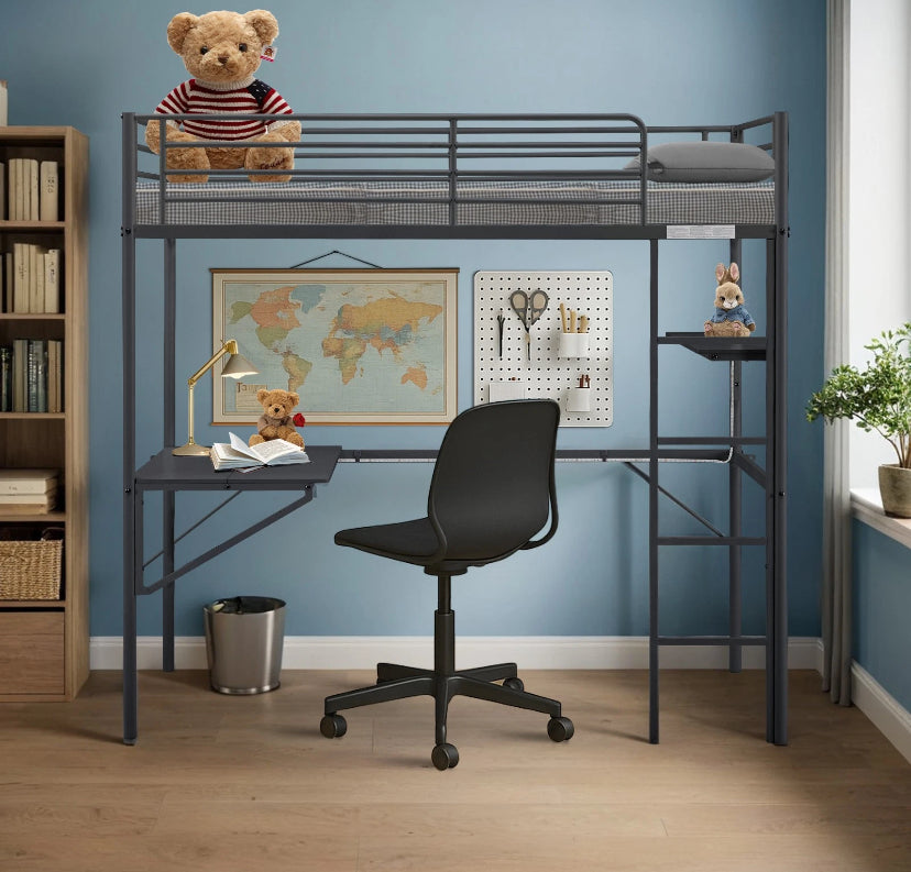 Bunk Single High Sleeper Bed with Gaming Desk Gaming Bed with/Socket/LED- BLACK