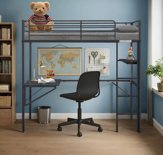 Bunk Single High Sleeper Bed with Gaming Desk Gaming Bed with/Socket/LED- BLACK