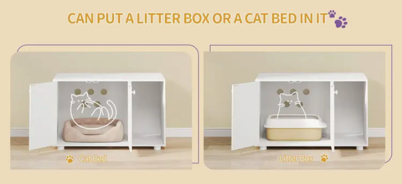 Hidden Cat Litter Box Cabinet | Wooden Litter Cupboard with Legs, 2 Doors and Independent Partition, Modern Style, 80 x 48 x 51 cm, White