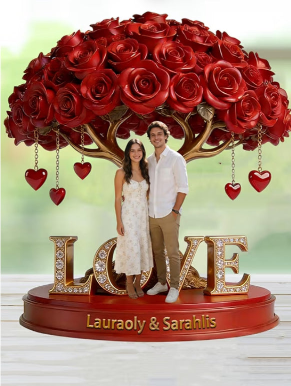 Personalized Couple Photo Cartoon Portrait Rose Flower Tree Acrylic Sign for Her Him Wife Husband Custom Name Tree of Love Each Rose Holds A Piece of Your Heart 2D Flat Print Acrylic Plaque Block