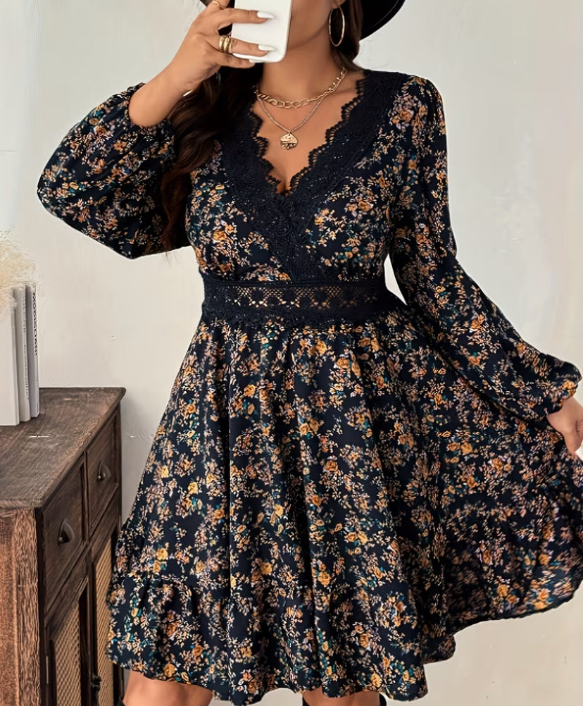Plus Size, Lace Patchwork Print Dress