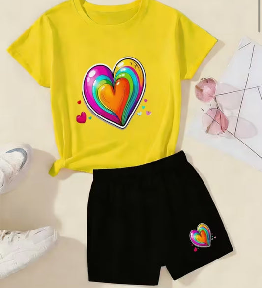 Cute Cartoon Rainbow Heart-Shaped Girls' Short Sleeve and Shorts 2pcs Set