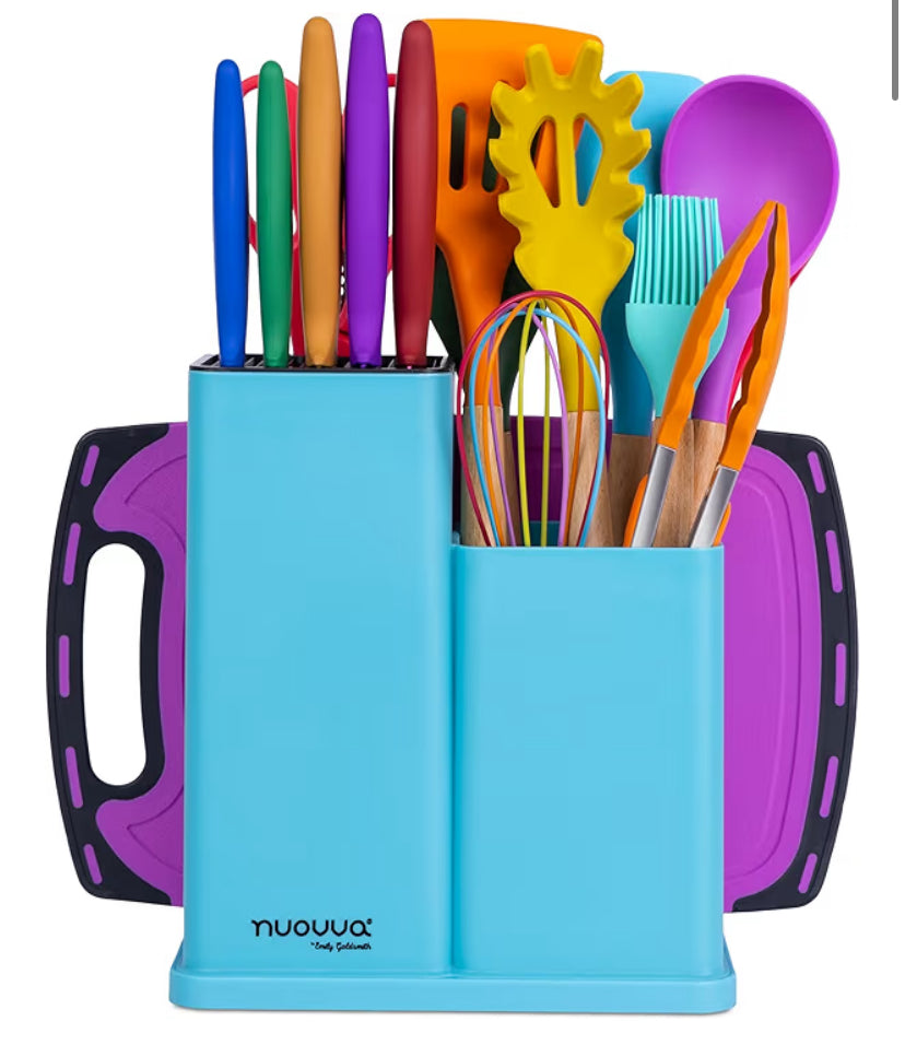 Cooking Utensils Set with Chopping Board – Knife Set with Block – Heat Resistant Silicone Utensils with Wooden Handle, Spoons, Ladles & Spatula – Kitchen Tools & Accessories, 17pcs, Colour