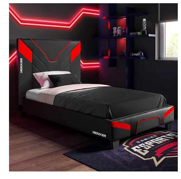 X-Rocker Cerberus MKII 3ft Single, Gaming Upholstered Bed Frame - Flat-pack for Easy Assembly, Breathable Comfort, Wooden Slats, Wipe-Clean Faux Leather for Kids & Teens - Blue - 90x190cm