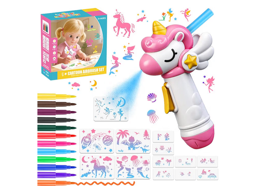 nicknack Electric Airbrush Paint Pen Kit for Kids-12 Washable Markers & 13 Stencil, Marker Airbrush Spray, Arts and Crafts Set, Creative Childrens Gift for Boys & Girls Drawing Painting Ages 3+