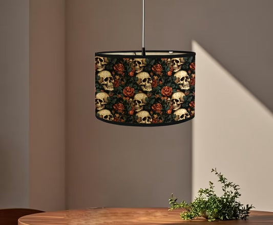 Gothic Bamboo Lampshade, Vintage Non-Electric Shades - Suitable for Home Decor with Skull and Rose Pattern Chandelier Shader. Compatible as E27 Lampholder Floor Lamp Shade or Table/pendant Light Cover (shaded Only; No Power Cord Included)