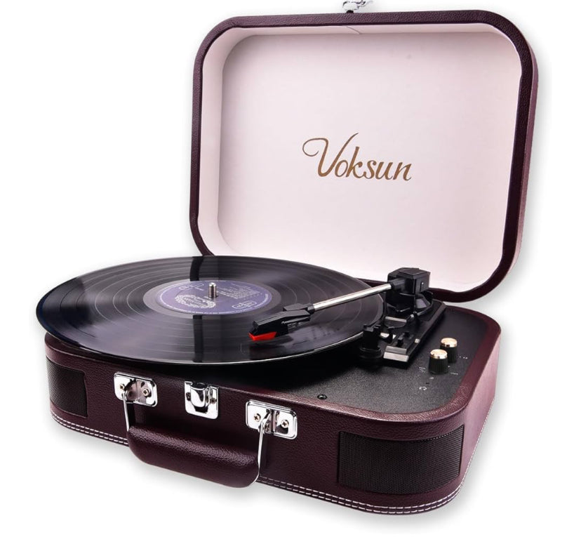 Record Player, VOKSUN Portable Bluetooth Vinyl Turntable with Built-in Stereo Speakers, 3-Speed Belt-Drive Suitcase LP Player, Supports Vinyl to MP3 Recording, AUX/USB/RCA/Headphone Jack