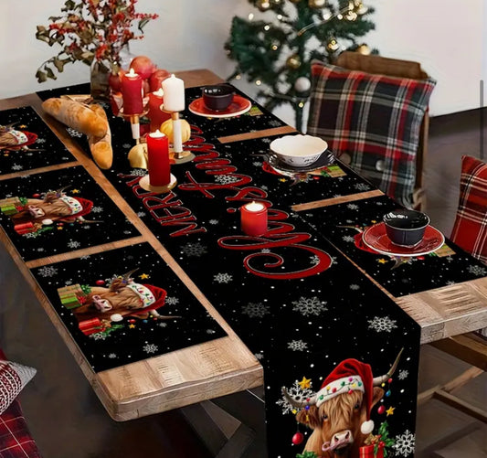 7pcs  2D Flat Christmas Highland Cow Pattern Dining Table Runner and Placemats Set, Elegant Holiday Home Decoration