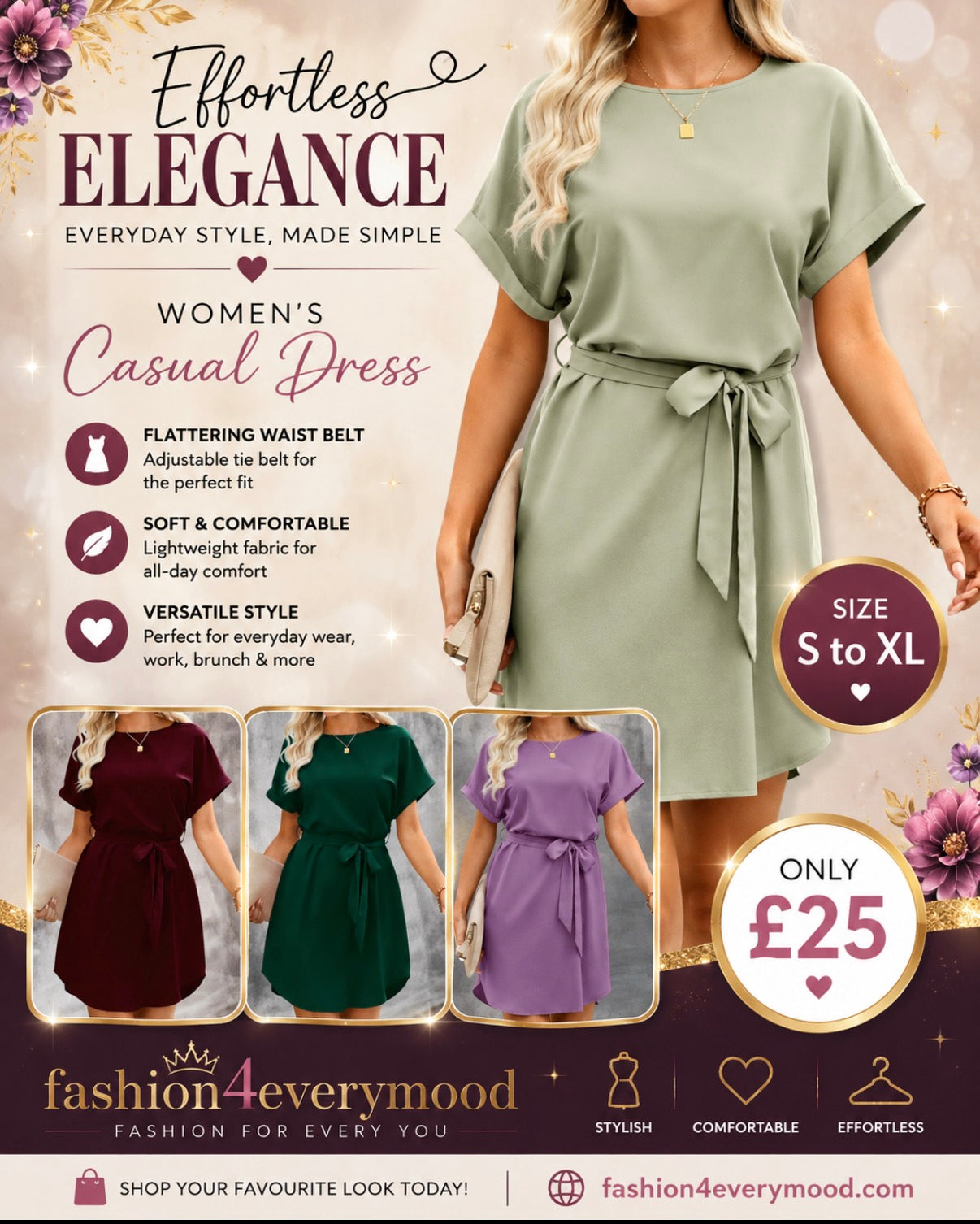Women's Casual Solid Color Waist Belt Short Sleeve Dress