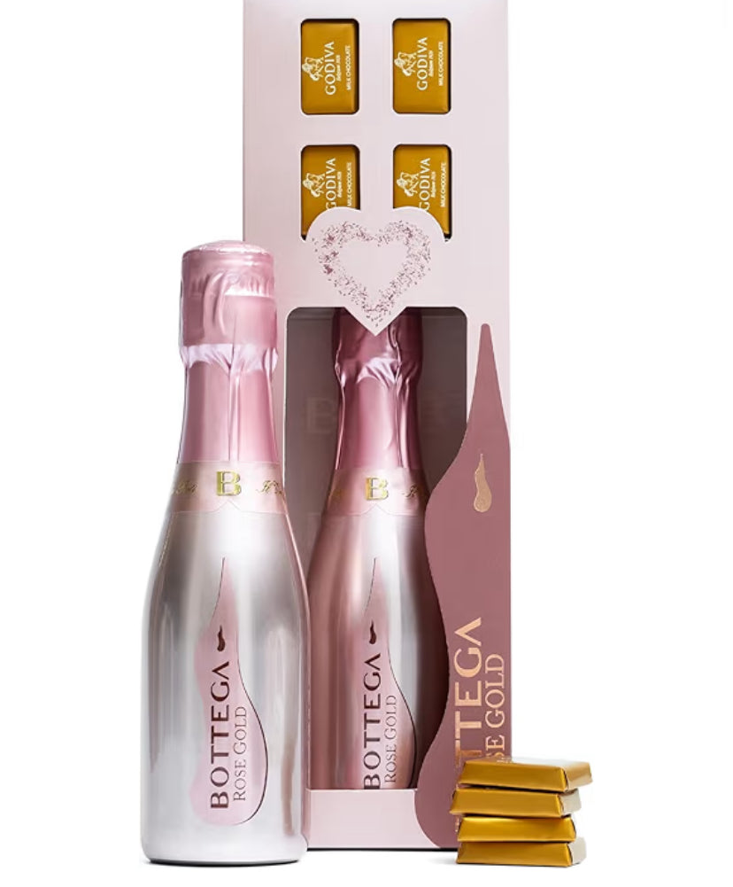 Bottega Rose Brut Sparkling Wine Gift Set - 1x Bottega Rose Gold DOC 200ml, 4x Godiva Belgium Mini Milk Chocolates - Luxury Sparkling Wine Prosecco Gifts
