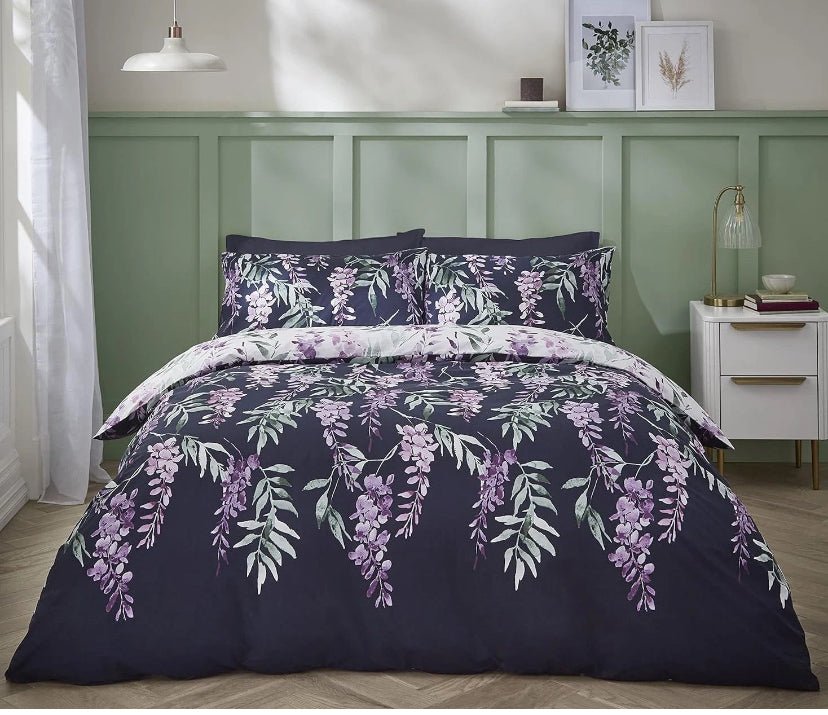 Catherine Lansfield Wisteria Floral Duvet Cover Quilt Bedding Bed Set Navy King