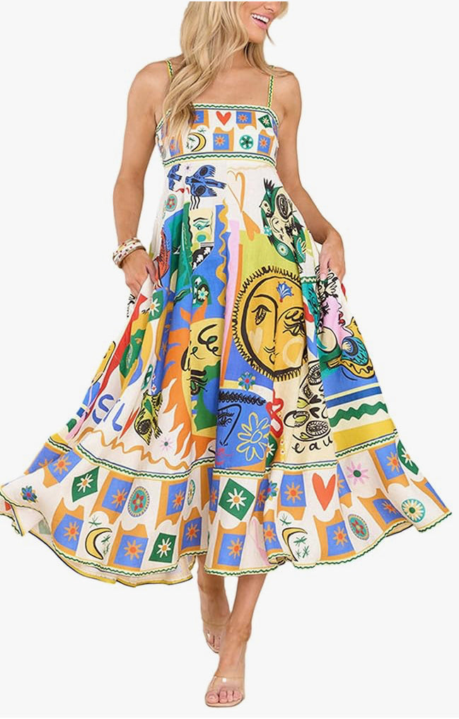 Women Summer Spaghetti Strap Boho Long Maxi Dress Ethnic Snake Print Casual Sleeveless Maxi Cami Dress