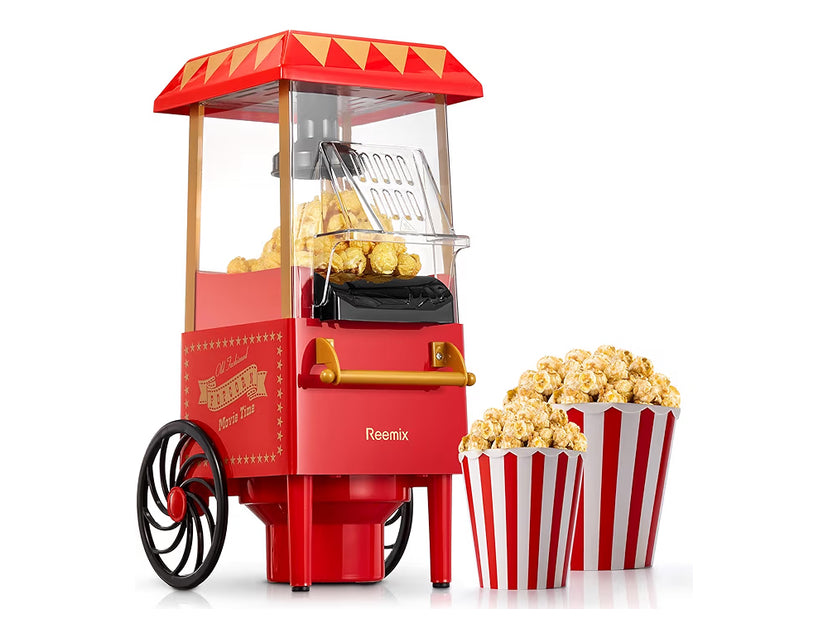 Popcorn Maker, Reemix 1200W Electric Popcorn Machine, No Oil, Homemade Fresh Popcorn in Under 3 Minutes, Uses Hot Air, Detachable Cover, Parties, Movie Nights, Kids Birthday Party Favorites, Red
