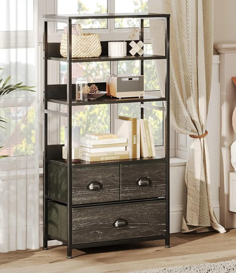 VERMESS 4-Tier Industrial Bookshelf with 3 Fabric Drawers, Storage Shelf, Bookcase with Doors, Adjustable Free Standing Display Shelf, Ladder Shelf Unit for Living Room, Office, Bedroom