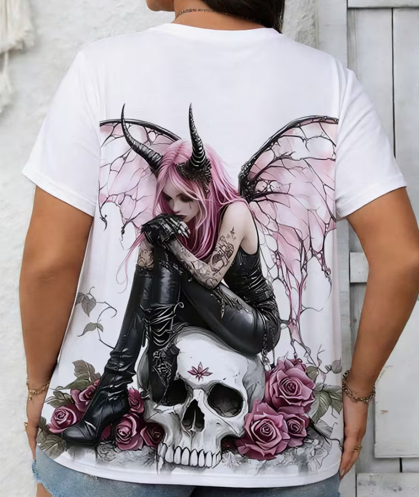 A Plus-size Women's Summer T-shirt Featuring a "Pink Charm Dark Demon " Print, with a Wide Round Neckline. The Fabric Is Soft,