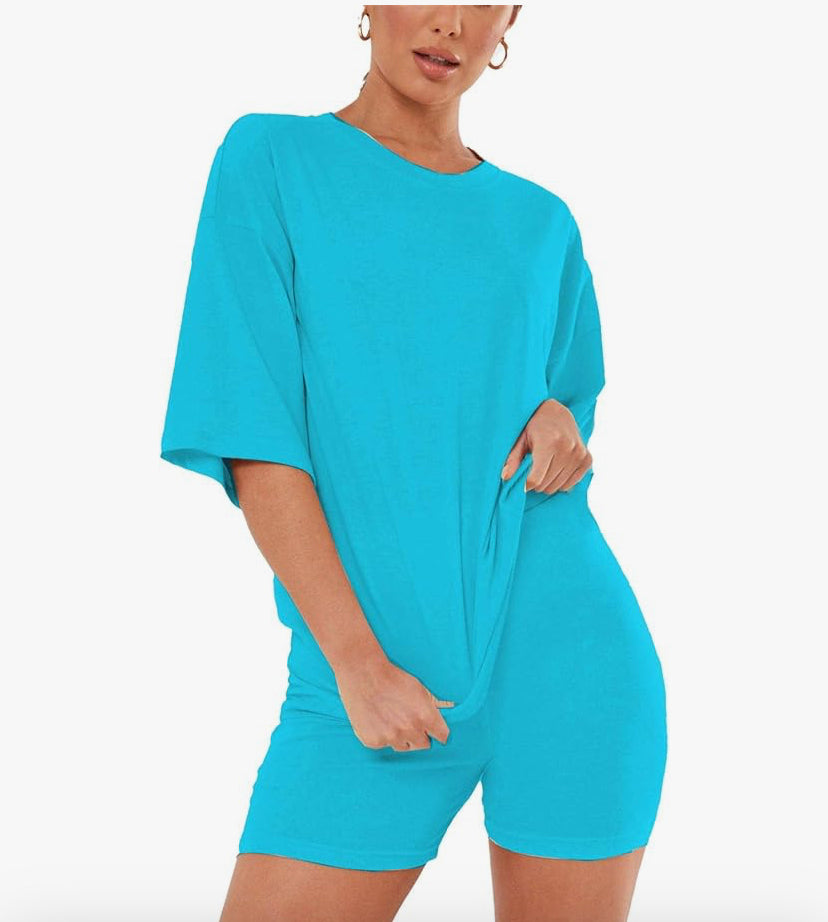 Womens Ladies New Plain Baggy Longline T-Shirt PJ Dress Cycling Shorts 2 Pcs Set Summer Lounge Wear