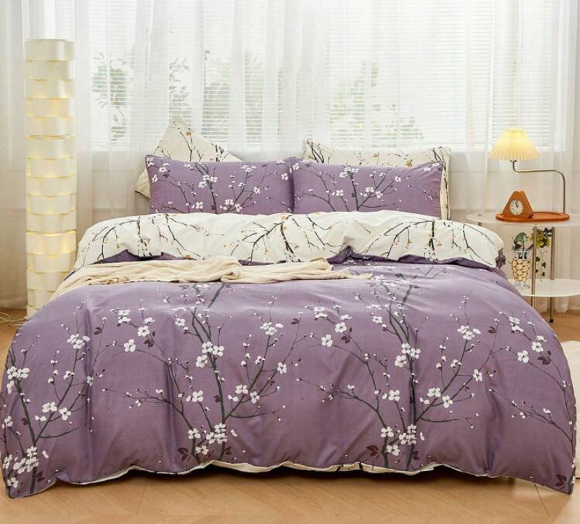 3pcs/Set Black Beige Two Tone Reversible Plum Blossom Branch Flower Pattern Duvet Cover Set