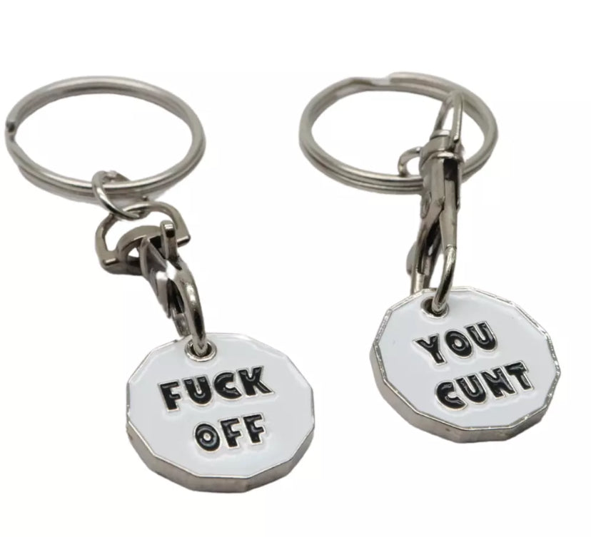 2 Trolley Coin Keyring Removable rude slogan gift Shopping Cart Token Holder
