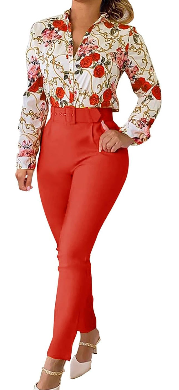 Leisure Wear Sets for Women Uk 2 Piece Outfits Floral Elegant Tracksuit Stand Collar Long Sleeve Shirt High Waisted Trousers
