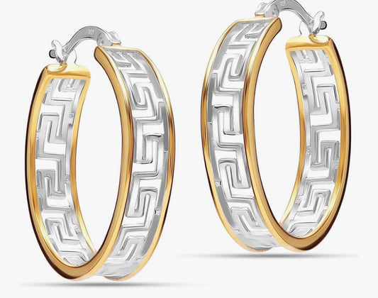 LeCalla 925 Sterling Silver Greek Key Hoop Earrings Lightweight Click-Top Greek Wall Cut-Out Pattern Earring Hoops for Women