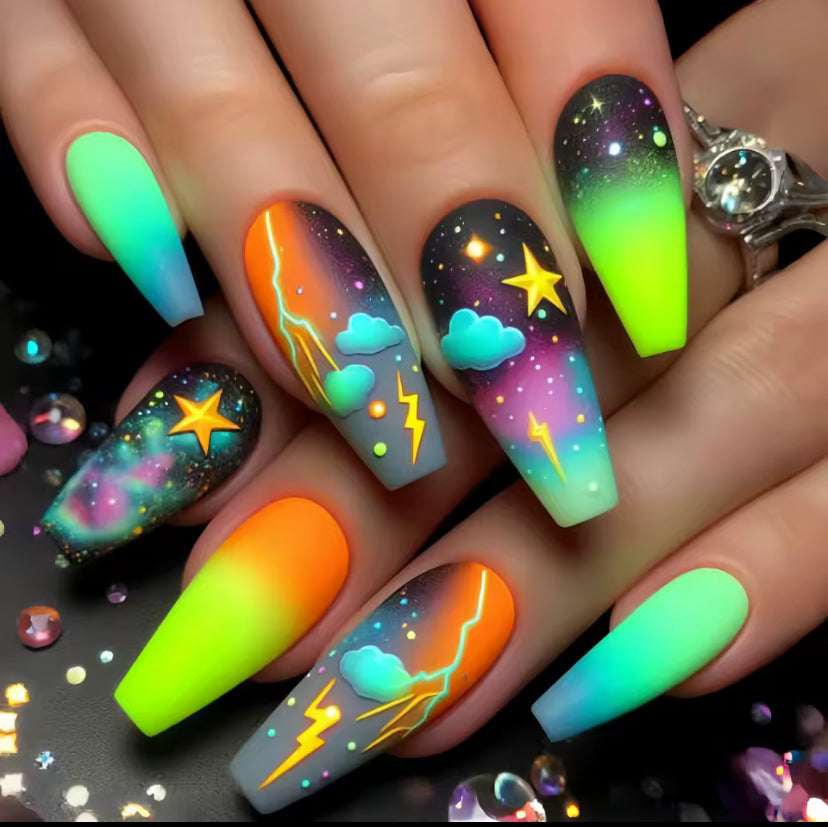 24pcs Starry Sky Lightning Pattern Press on Nails