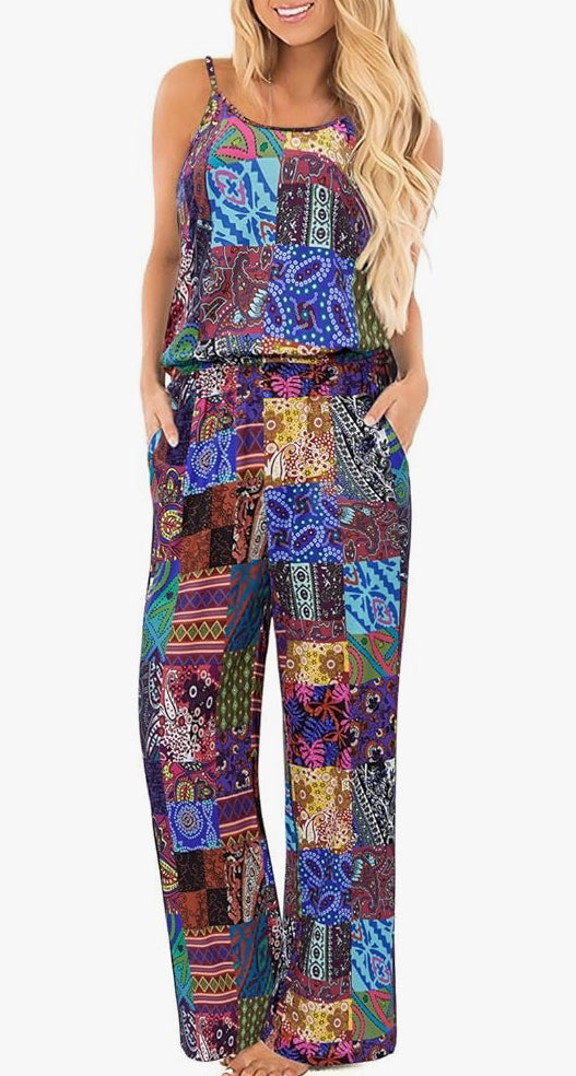 Women's Summer Jumpsuits Sleeveless Wide Leg Pants Casual Playsuit With Pockets