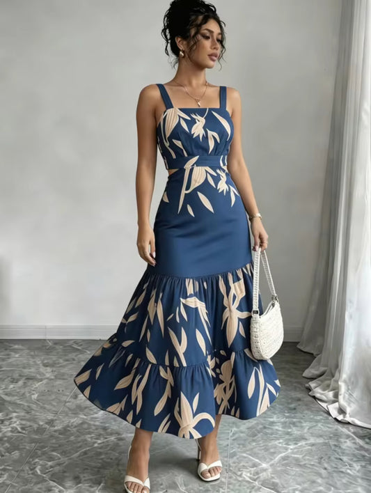 Blue Leaf Print Midi Dress
