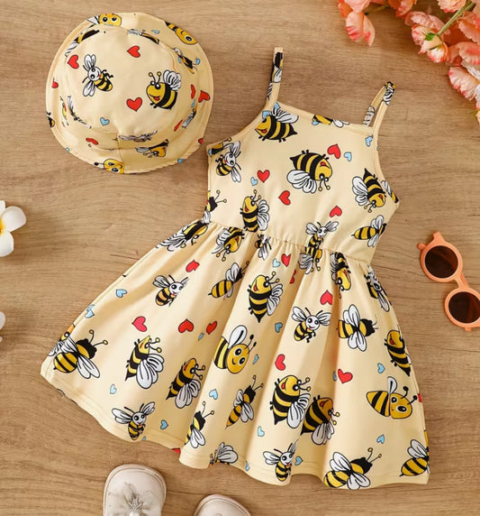 Cute Little Bee Print Sleeveless Dress with a Hat for Baby Girls in Spring And Summer