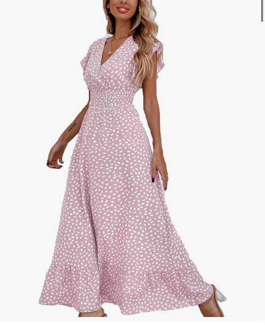 Womens Maxi Dress Ruffle Petal Short Sleeve V Neck Floral Flowy Summer Beach Holiday Sundress Casual Elastic High Waist Long Dress