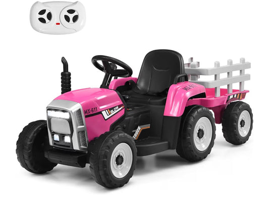 Ride on Tractor and Trailer, 12V Battery Powered Electric Kids Toy Car with Remote Control, LED Lights, USB & Bluetooth Music, Four Wheels Ride on Toys for Children Ages 3+ (Pink)