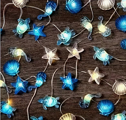 30-LED Ocean Decorative String Lights Featuring Seashell, Seahorse, Conch, and Starfish Beach Designs.