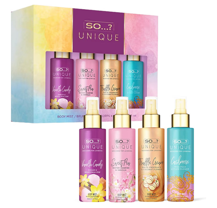 Mini Mist Womens Gift Set with Vanilla Candy, Sweet Pea, Truffle Cream, & Cashmere, Body Mist Fragrance Spray Set (4 x 50ml.)