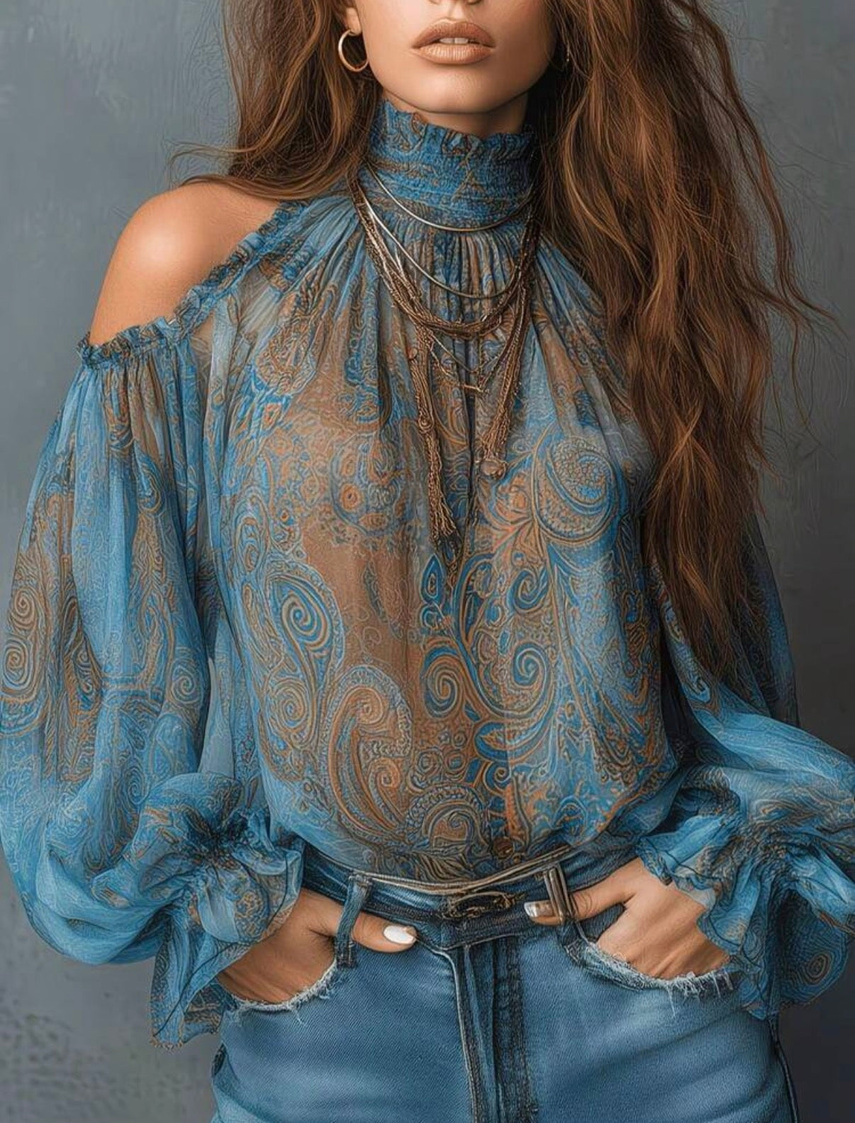 Open Shoulder Printed Vintage Floral Chiffon Blouse, Semi-Sheer Long Sleeve Top