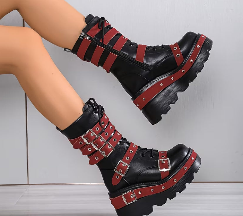 Warm Dark Punk Style, Side Zipper, Wedge Heel, Black Boots with Studded Buckle