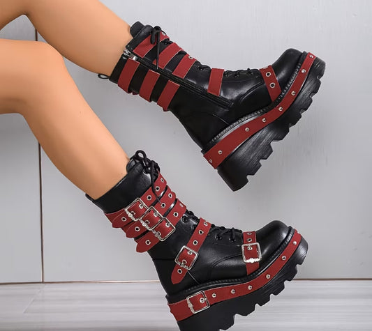 Warm Dark Punk Style, Side Zipper, Wedge Heel, Black Boots with Studded Buckle