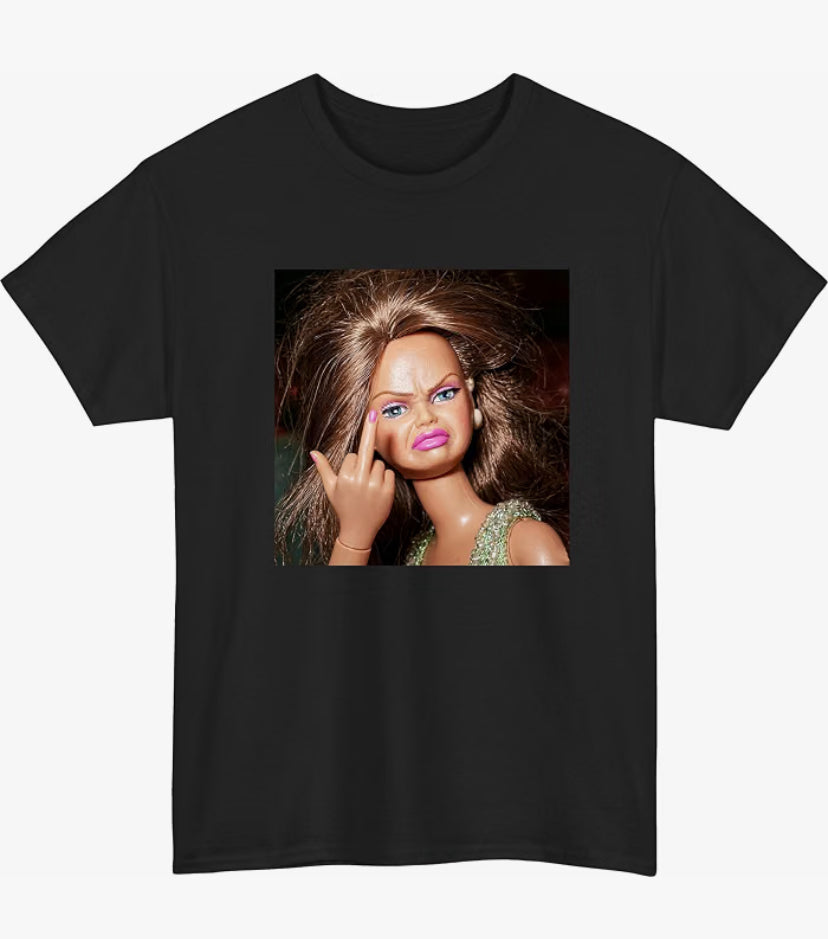 Funny Surreal Doll Meme T-Shirt Angry Disgusted Face Middle Finger Tee