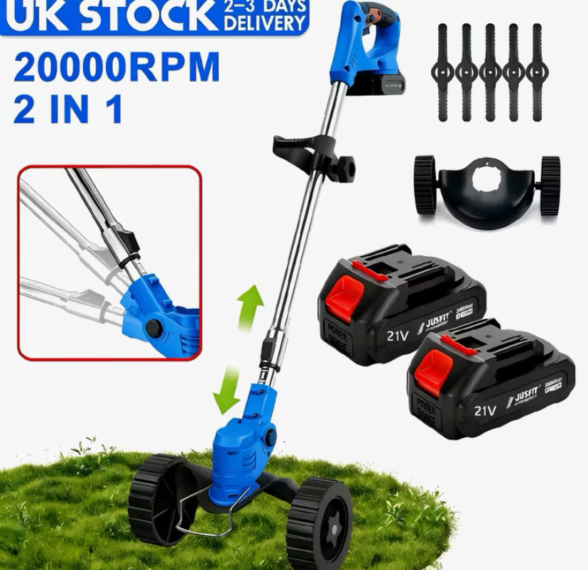 Cordless Electric Lawnmower from The UK, 2-In-1 Garden Trimmer, Suitable for Lawns, Includes 2 Batteries,Model with Wheels