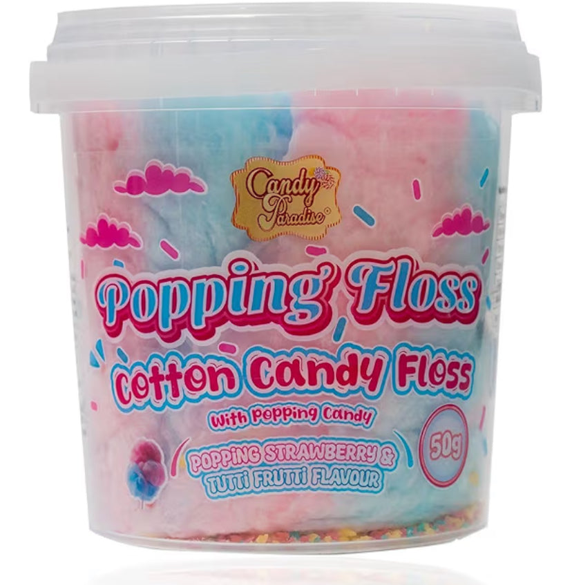 Candy Paradise Cotton Candy, Fluffy & Popping Floss Cotton Candy Floss (50g, Popping Strawberry & Tutti-Frutti)