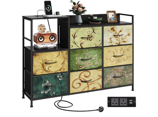 Chest of Drawers with Charging Station, 8 Fabric Storage Drawers with Metal Frame and Wooden Top, TV Media Console Table Open Storage Shelves for Bedroom, Living Room, Hallway, Retro