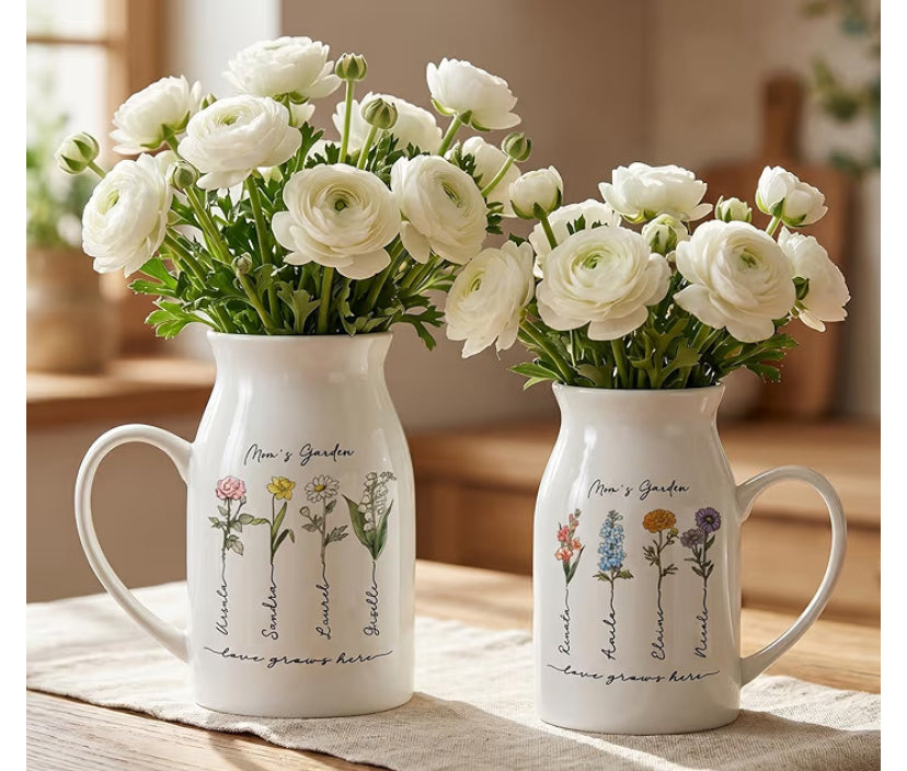 Personalized Grandma's Garden Vase, Custom Birth Flower and Name, Ceramic Family Vase, Housewarming New Home Decor, Gifts for Grandma, Nana, Nanny, Mom, Birthday Xmas Gifts