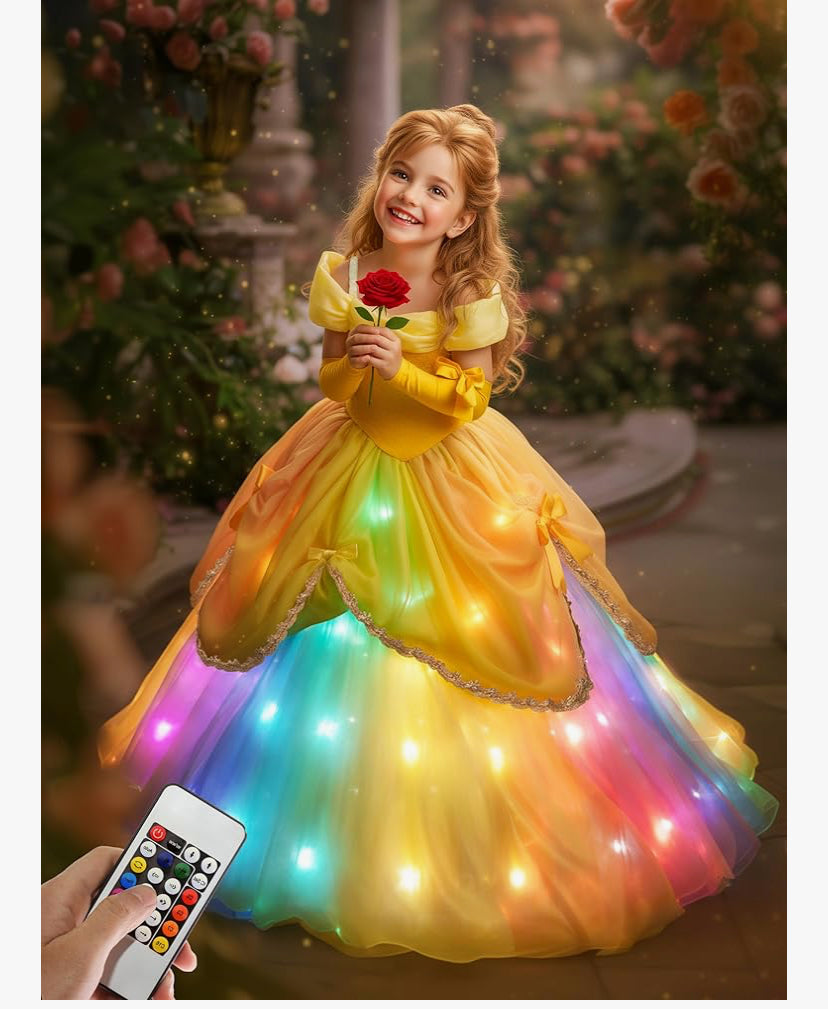 Princess Costumes for Girls, Syncs Music RGB Light Up Princess Halloween Dress Up World Book Day for Girls 3-10