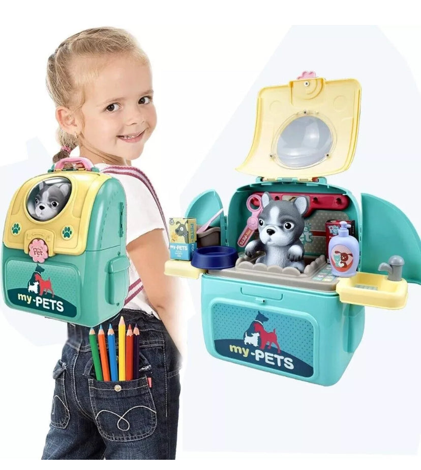Kids Pet Backpack Puppy Pet Care Role Grooming Toys Vet Care Doctor Playset