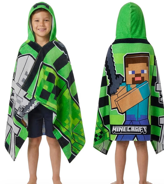 Minecraft Bath Towel with Hood for Kids and Teenagers Changing Robe Absorbent Creeper Poncho Towel for Swimming Bath Shower Beach Holiday Essentials (Green/Black, 6-14 Years)