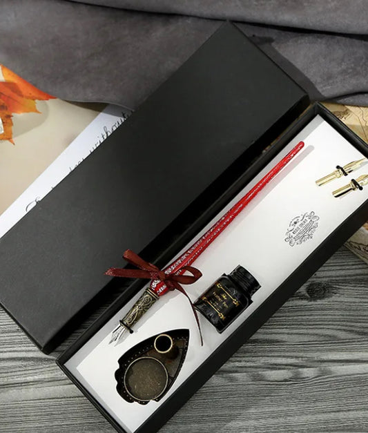 Vintage European Dip Pen Calligraphy Writing Gift With Ink Bottle Metal Stand Replacement Nibs Retro Style