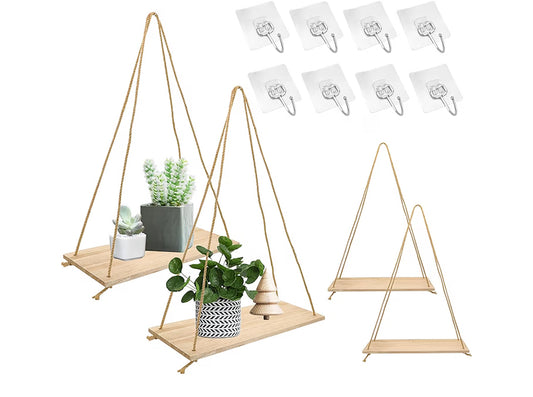 4 Set Wooden Hanging Shelves with Rope, Floating Hanging Shelf with String, No Drilling Rope Hanging Floating Shelves for Wall Decoration Display Plant Photo(Single Layer)