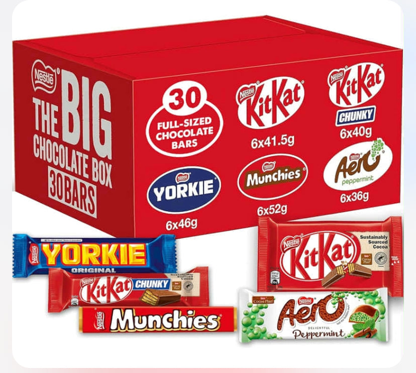 Nestlé The Big Chocolate Box, 30 x Chocolate Bars – KitKat, KitKat Chunky, Yorkie, Aero, Munchies – Sharing Gift, 1.3kg