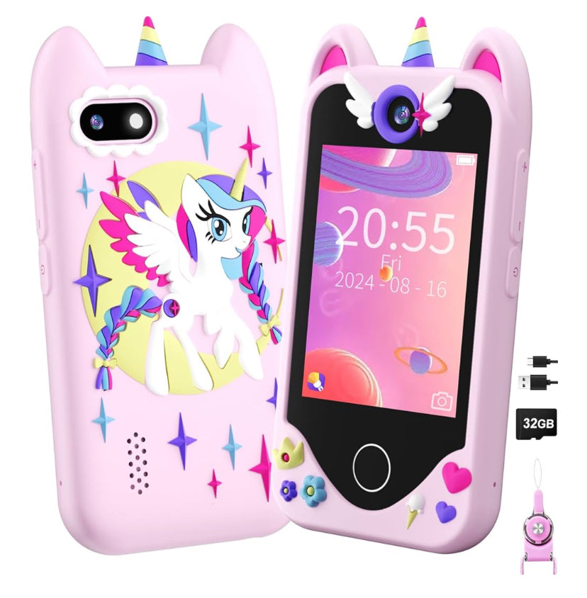 Kids Smart Phone for Girls Gifts  Gift for Age 3 4 5 6 Year Old, Kids Mobile Phone Toy with Touchscreen, Dual Cameras, Learning, Music Player, Games with 32 GB Card