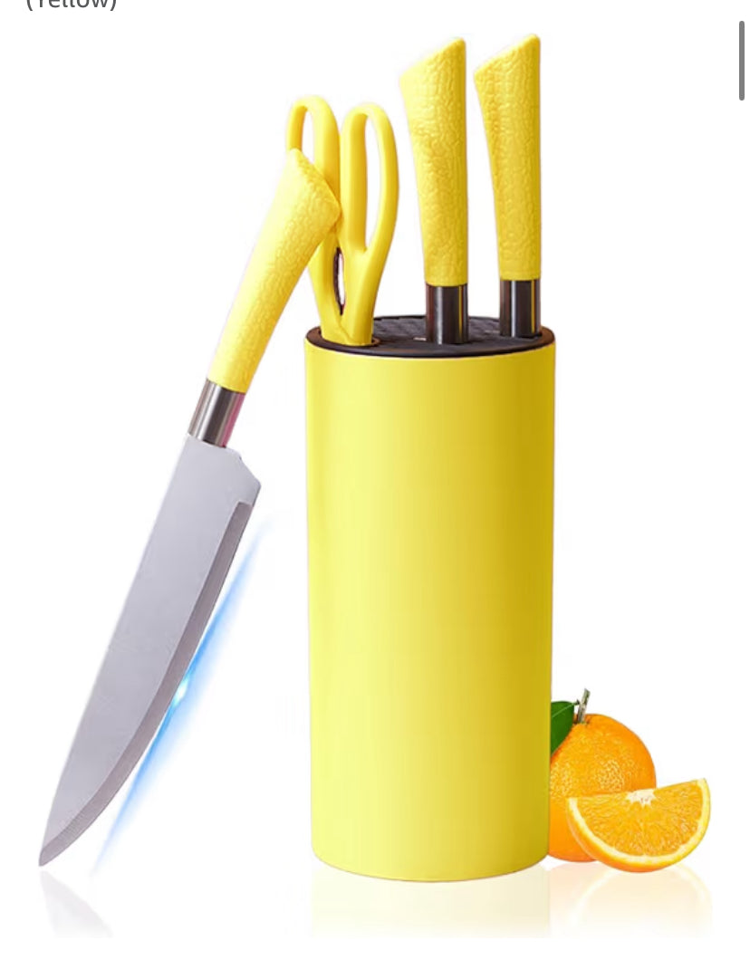 Kitchen Knife Set, 7-Pieces Yellow Stainless Steel Knife Block Set with Sharp Blades, Professional Chef Knife Set with Ergonomic Handle for for Chopping, Slicing, Dicing Cutting