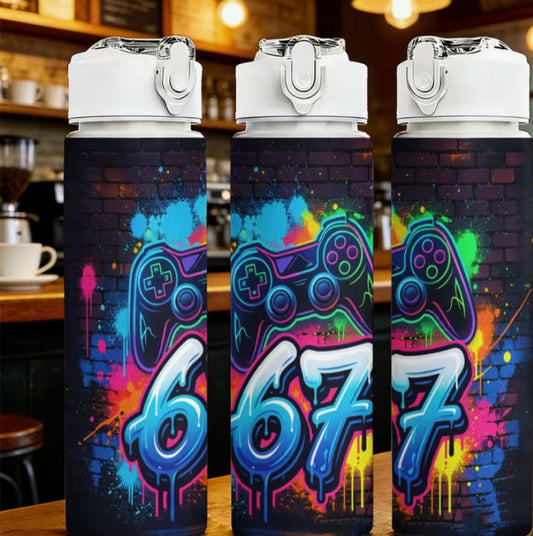 25.9oz Lightweight Leak Proof Water Bottle Vibrant Graffiti Game Controller "170.18cm Print Water Bottle